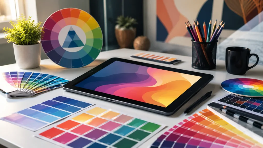 Ilustrasi teori warna dengan roda warna, palet warna, dan meja kerja desain visual modern