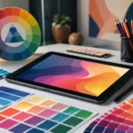 Ilustrasi teori warna dengan roda warna, palet warna, dan meja kerja desain visual modern